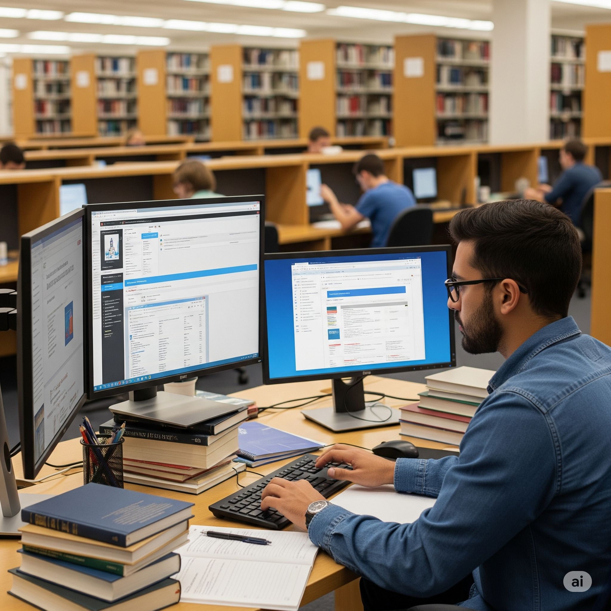 Professional researcher working with dual monitors in library setting